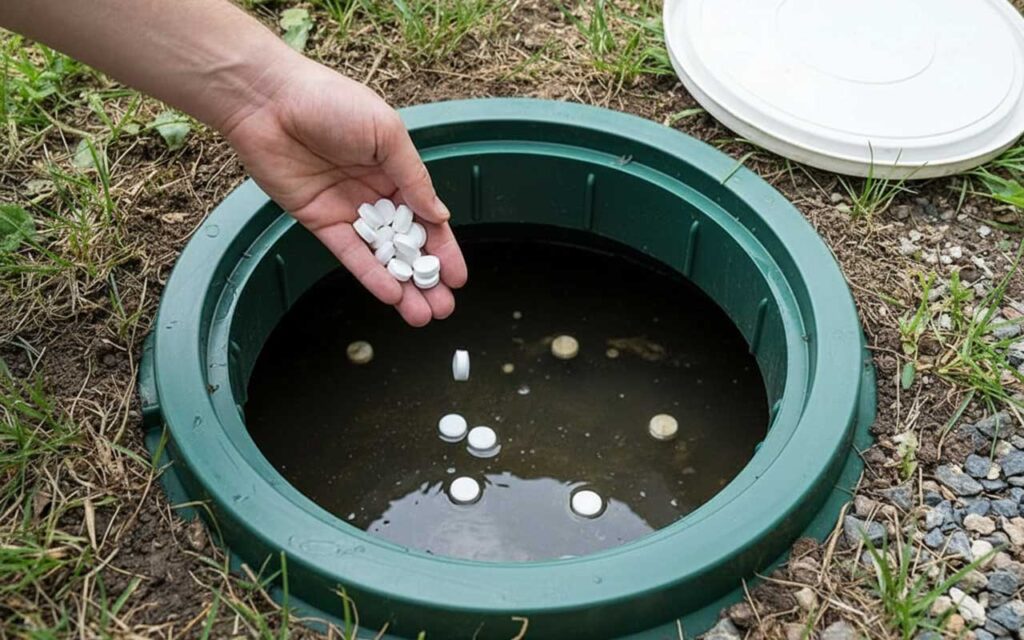 close-up fosa septica deschisa pentru a administra bioactivatori sub forma de pastila