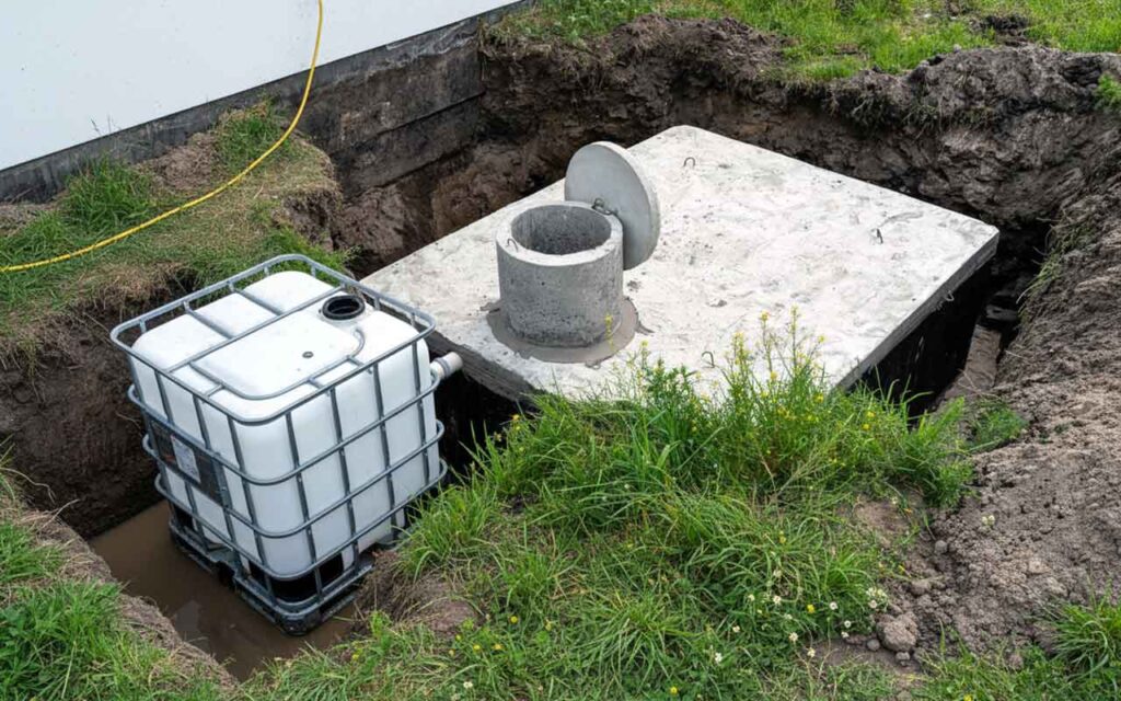 close up cu fose DiY, din beton sau container IBC de 1000L folosite ca fose septice ecologice