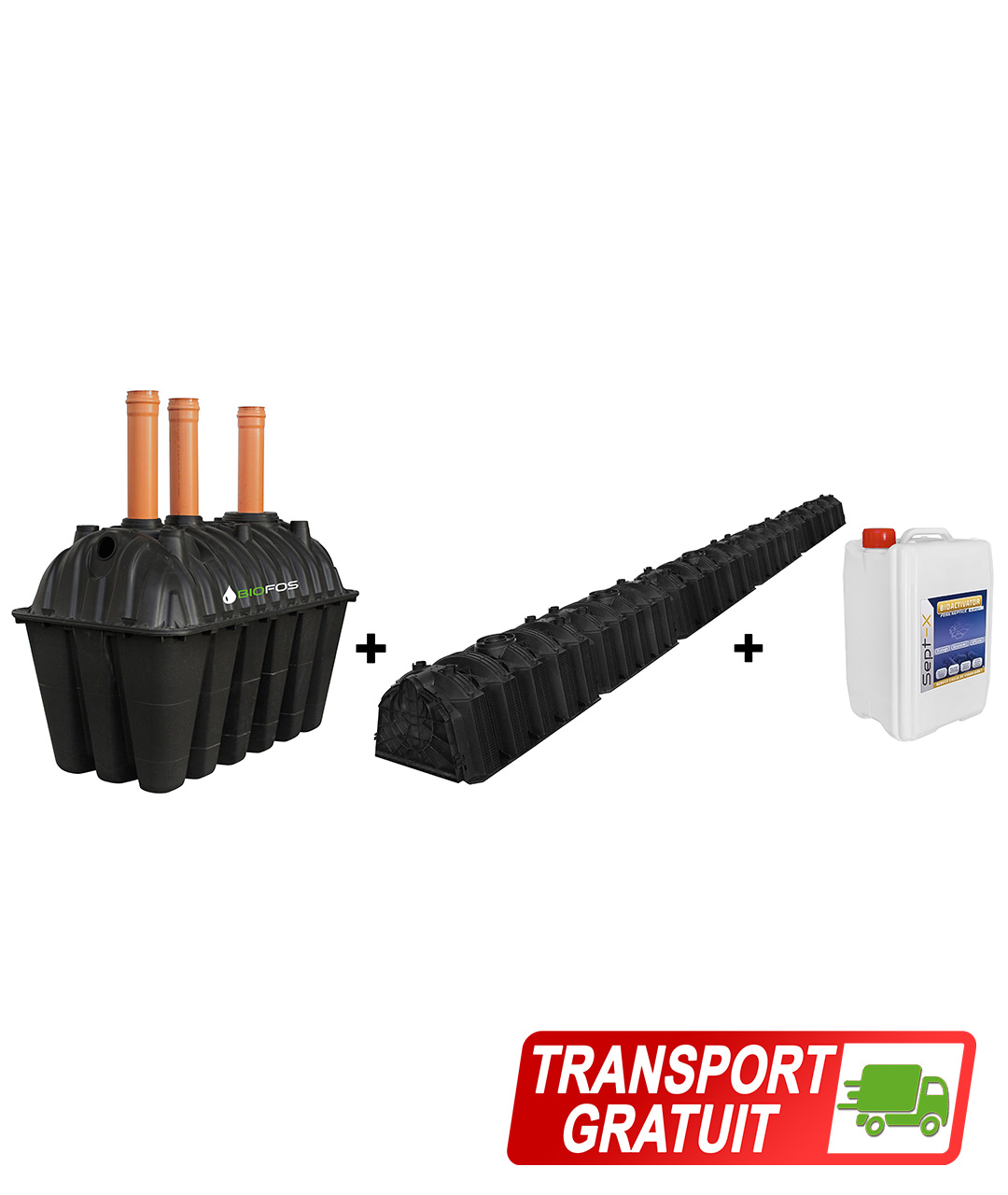 premium 2500 Pachet fosa 2500L si kit percolaj cu 5 tunele de la BioFos si 5L bioactivator SEPT-X - pachetul PREMIUM 2500 cu transport gratuit