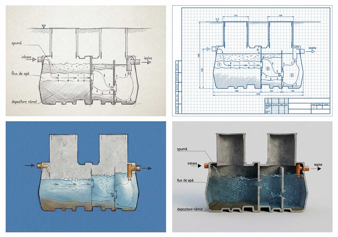 scehmatica in diferite stiluri aratand o fosa tricamerala si rolul retentiei hidraulice